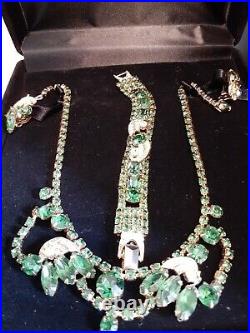 Vintage Weiss Set Necklace, Brooch & Earrings Rare Green Rhinestone Signed