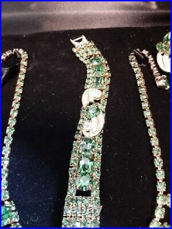 Vintage Weiss Set Necklace, Brooch & Earrings Rare Green Rhinestone Signed