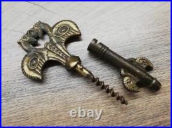 Vtg Very Rare Brass Cellar Key Corkscrew Wine Beer Opener Figural Gargoyle Kiss