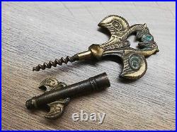 Vtg Very Rare Brass Cellar Key Corkscrew Wine Beer Opener Figural Gargoyle Kiss