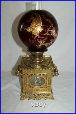 WOW RARE Parker Square BRASS Center Draft Banquet Lamp VERY RARE Oxblood Shade