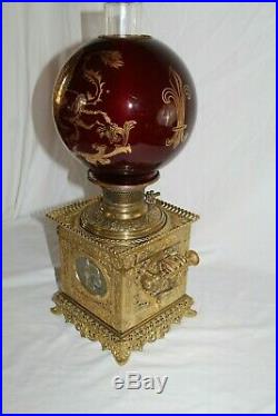 WOW RARE Parker Square BRASS Center Draft Banquet Lamp VERY RARE Oxblood Shade