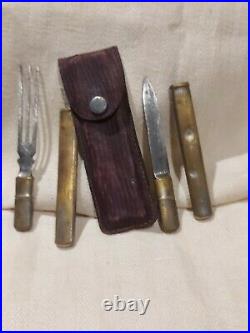 Ww1 German Fork And Knife Field Set. Very Rare Silvered Brass+ Case Wwi